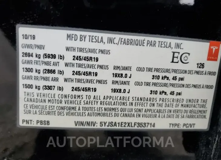 TESLA MODEL S 2020 vin 5YJSA1E2XLF353714 from auto auction Copart