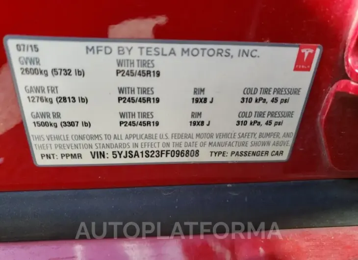 TESLA MODEL S 70 2015 vin 5YJSA1S23FF096808 from auto auction Copart