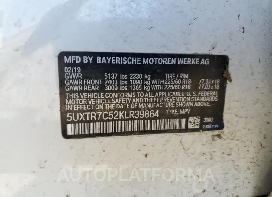 BMW X3 SDRIVE3 2019 vin 5UXTR7C52KLR39864 from auto auction Copart