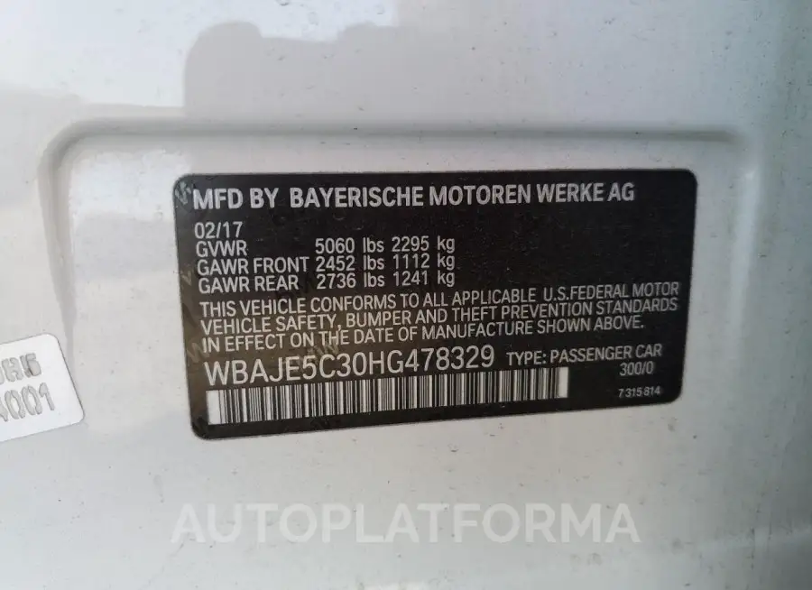 BMW 540 I 2017 vin WBAJE5C30HG478329 from auto auction Copart