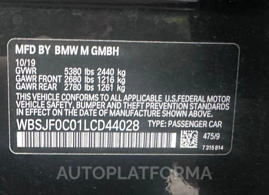 BMW M5 BASE 2020 vin WBSJF0C01LCD44028 from auto auction Copart