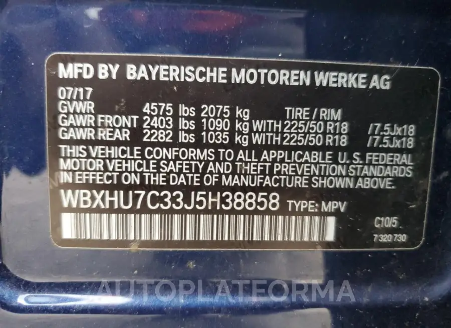 BMW X1 SDRIVE2 2018 vin WBXHU7C33J5H38858 from auto auction Copart