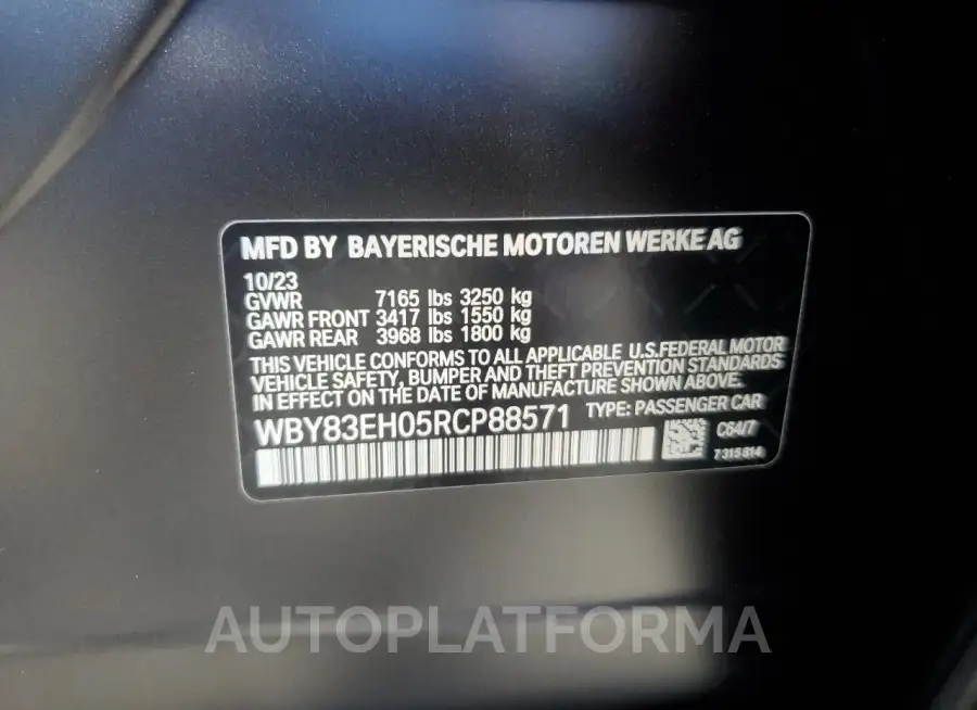 BMW I7 M70 2024 vin WBY83EH05RCP88571 from auto auction Copart