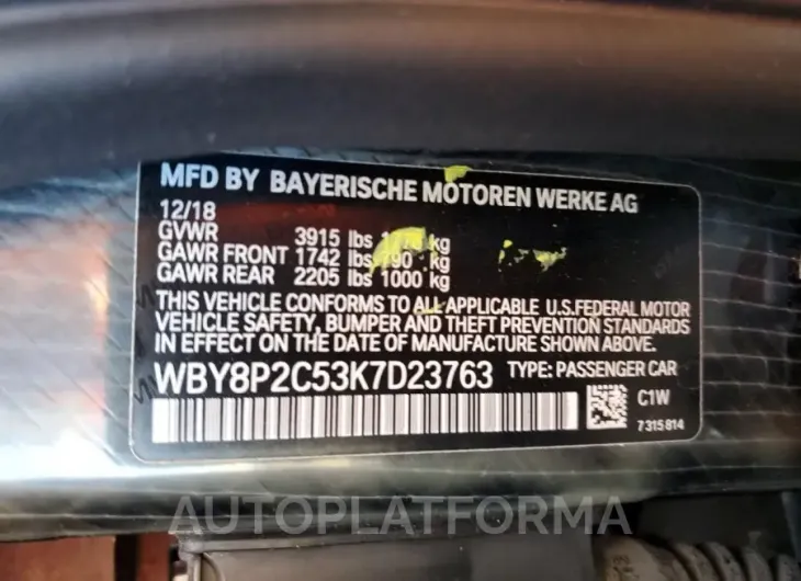 BMW I3 BEV 2019 vin WBY8P2C53K7D23763 from auto auction Copart