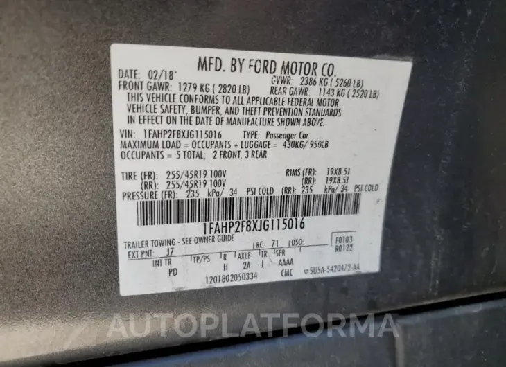 FORD TAURUS LIM 2018 vin 1FAHP2F8XJG115016 from auto auction Copart