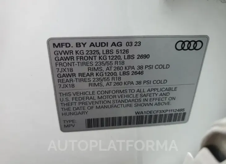 AUDI Q3 PREMIUM 2023 vin WA1DECF3XP1112485 from auto auction Copart