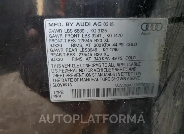 AUDI Q7 PRESTIG 2015 vin WA1DGAFEXFD018376 from auto auction Copart