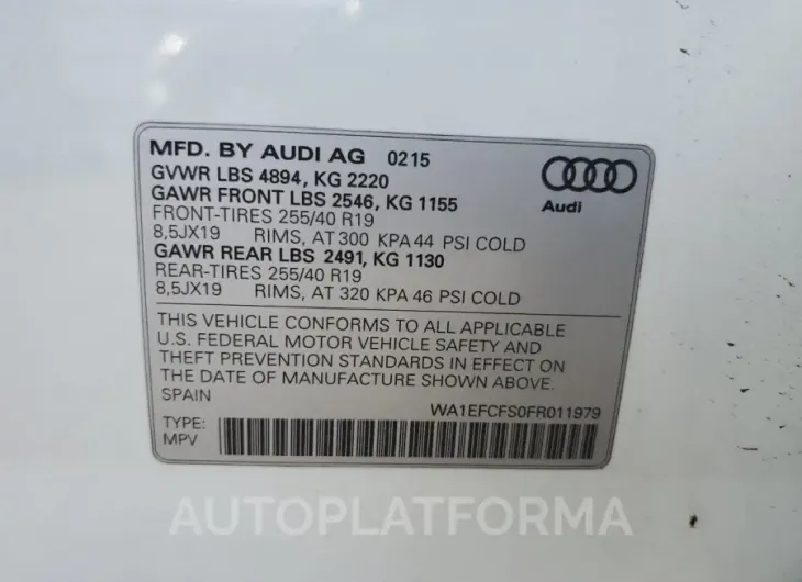 AUDI Q3 PREMIUM 2015 vin WA1EFCFS0FR011979 from auto auction Copart