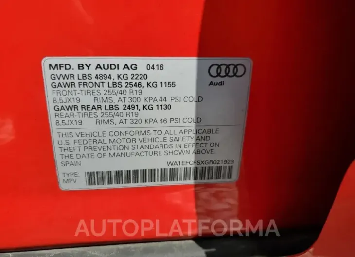 AUDI Q3 PREMIUM 2016 vin WA1EFCFSXGR021923 from auto auction Copart