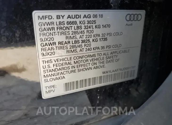 AUDI Q7 PREMIUM 2018 vin WA1LAAF78JD051707 from auto auction Copart