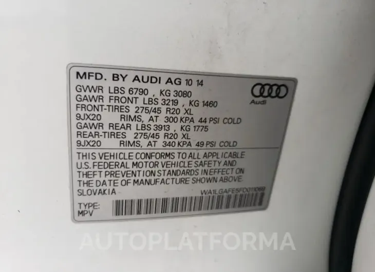 AUDI Q7 PREMIUM 2015 vin WA1LGAFE5FD011069 from auto auction Copart