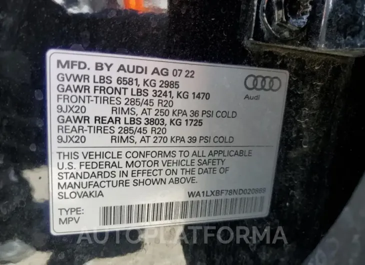 AUDI Q7 PREMIUM 2022 vin WA1LXBF78ND020869 from auto auction Copart