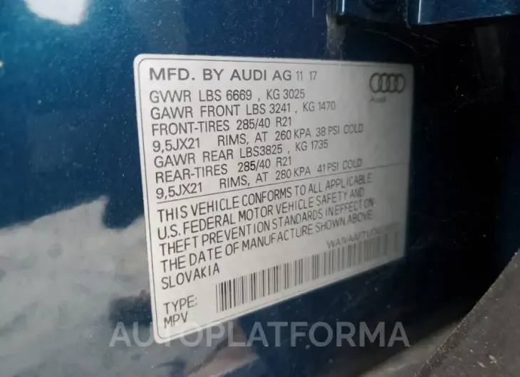 AUDI Q7 PRESTIG 2018 vin WA1VAAF71JD024633 from auto auction Copart