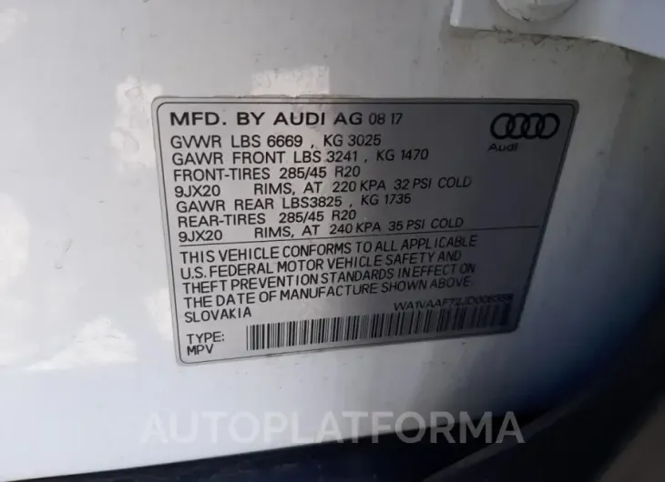 AUDI Q7 PRESTIG 2018 vin WA1VAAF72JD008358 from auto auction Copart