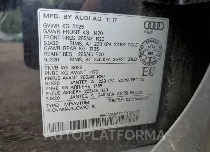 AUDI Q7 PRESTIG 2018 vin WA1VAAF74JD024321 from auto auction Copart