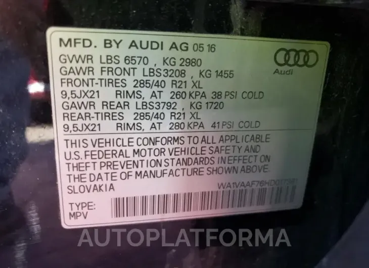 AUDI Q7 PRESTIG 2017 vin WA1VAAF76HD017381 from auto auction Copart