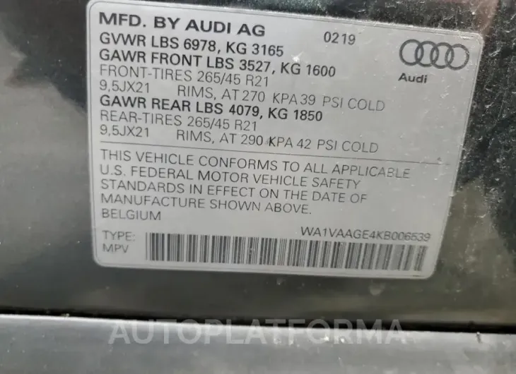 AUDI E-TRON PRE 2019 vin WA1VAAGE4KB006539 from auto auction Copart