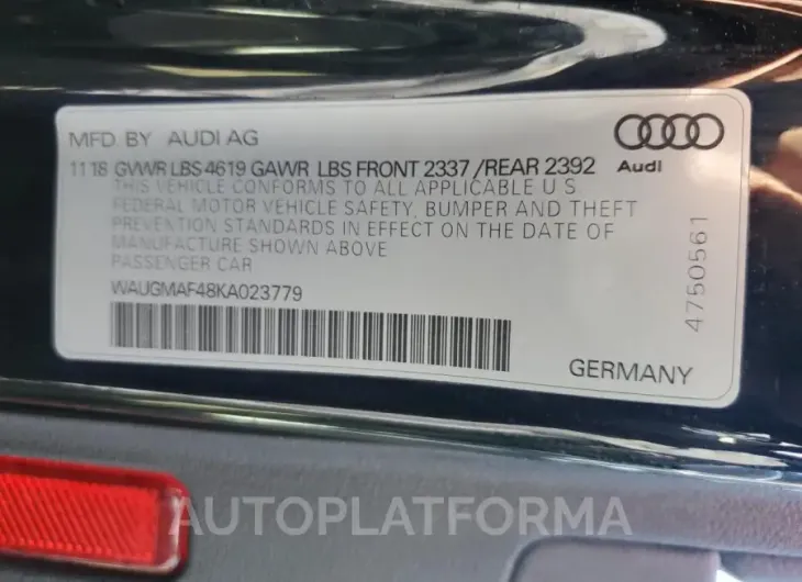 AUDI A4 PREMIUM 2019 vin WAUGMAF48KA023779 from auto auction Copart