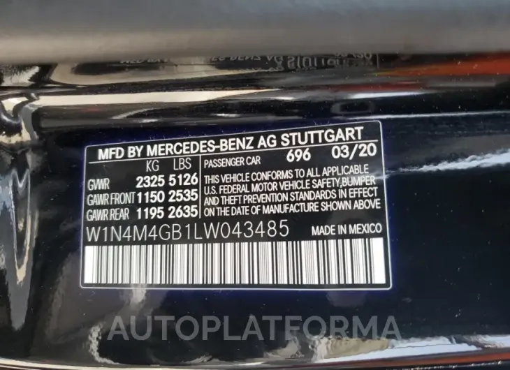 MERCEDES-BENZ GLB 250 2020 vin W1N4M4GB1LW043485 from auto auction Copart