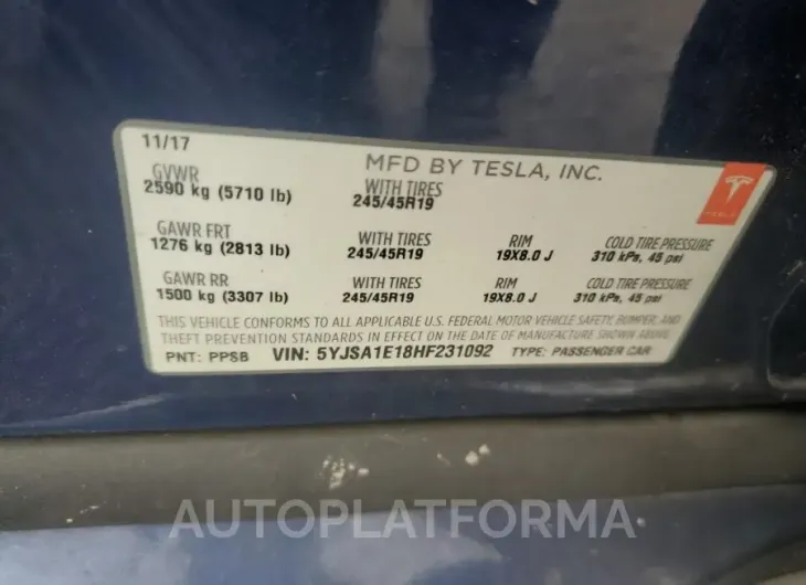 TESLA MODEL S 2017 vin 5YJSA1E18HF231092 from auto auction Copart