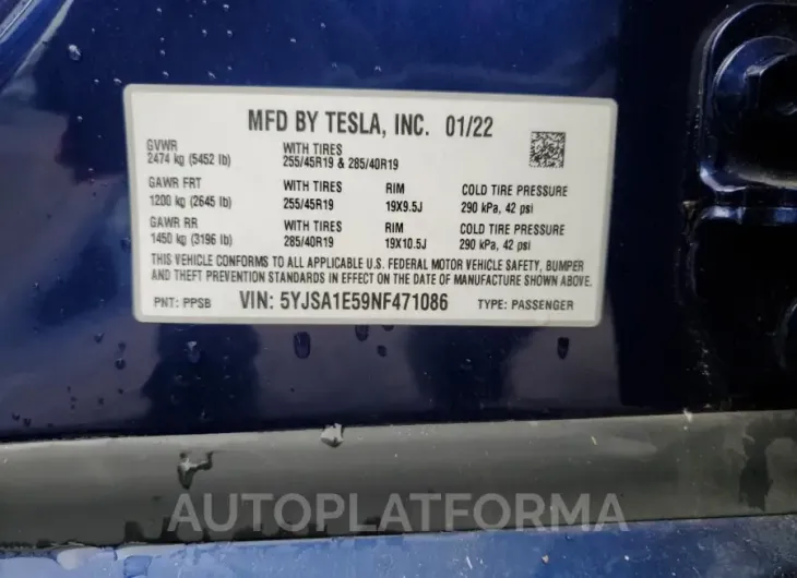 TESLA MODEL S 2022 vin 5YJSA1E59NF471086 from auto auction Copart