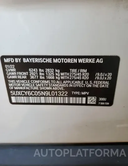 BMW X6 XDRIVE4 2022 vin 5UXCY6C05N9L01322 from auto auction Copart