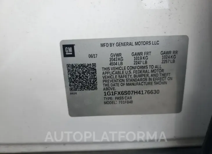 CHEVROLET BOLT EV PR 2017 vin 1G1FX6S07H4176630 from auto auction Copart