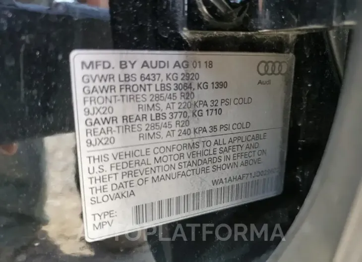 AUDI Q7 PREMIUM 2018 vin WA1AHAF71JD029602 from auto auction Copart