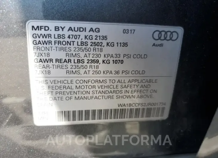 AUDI Q3 PREMIUM 2018 vin WA1BCCFS2JR001734 from auto auction Copart