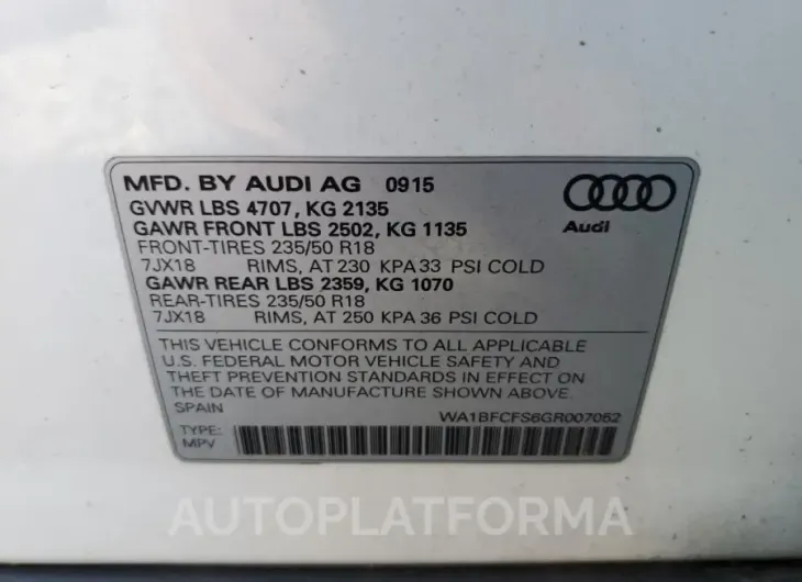 AUDI Q3 PREMIUM 2016 vin WA1BFCFS6GR007052 from auto auction Copart