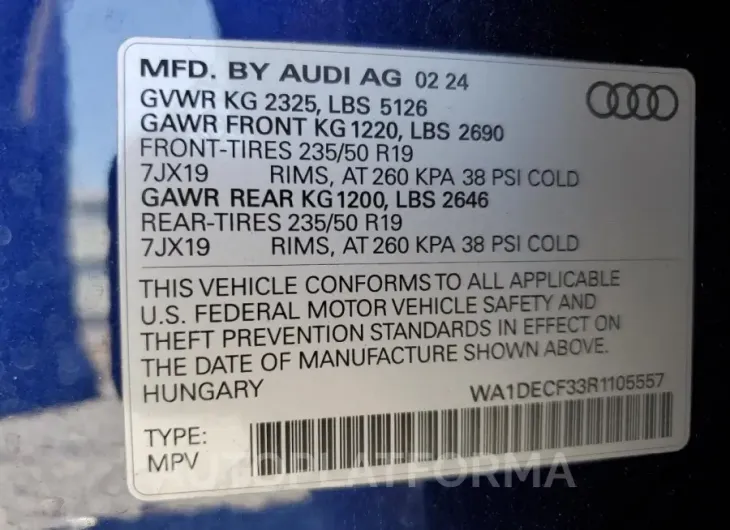 AUDI Q3 PREMIUM 2024 vin WA1DECF33R1105557 from auto auction Copart