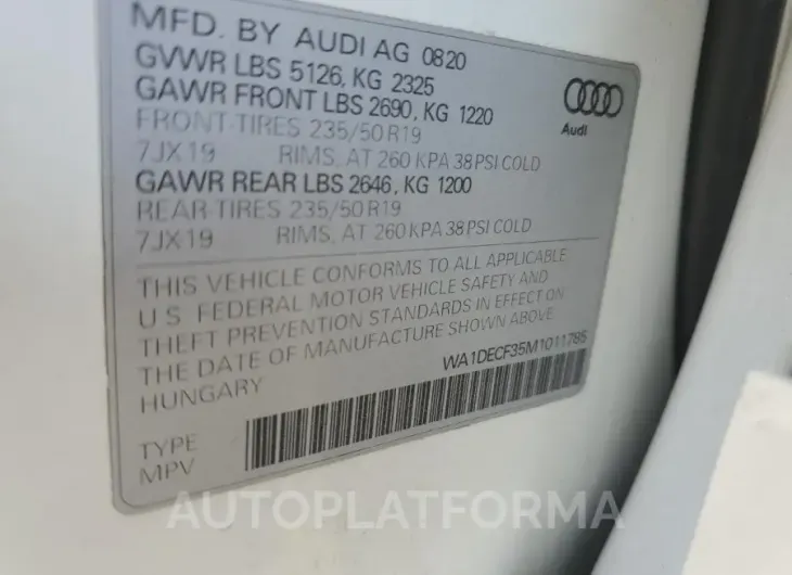 AUDI Q3 PREMIUM 2021 vin WA1DECF35M1011785 from auto auction Copart