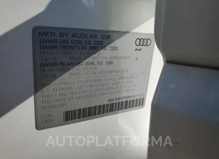 AUDI Q3 PREMIUM 2021 vin WA1DECF38M1071477 from auto auction Copart