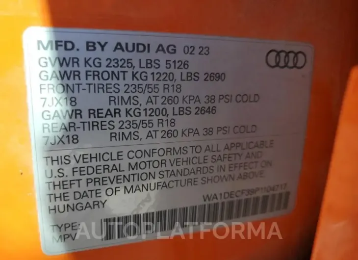 AUDI Q3 PREMIUM 2023 vin WA1DECF39P1104717 from auto auction Copart