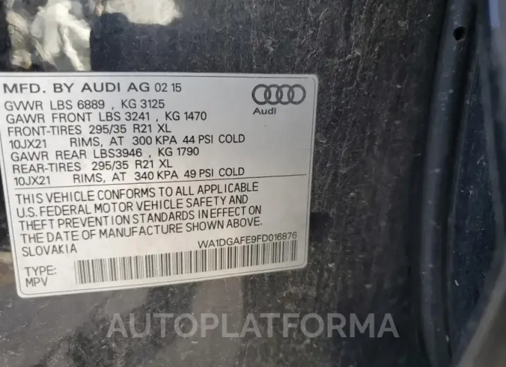 AUDI Q7 PRESTIG 2015 vin WA1DGAFE9FD016876 from auto auction Copart