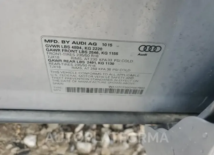 AUDI Q3 PREMIUM 2016 vin WA1EFCFS0GR007903 from auto auction Copart