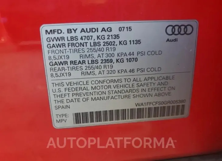 AUDI Q3 PRESTIG 2016 vin WA1FFCFS0GR005380 from auto auction Copart