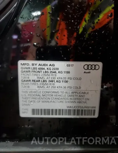 AUDI Q3 PREMIUM 2018 vin WA1JCCFS3JR001866 from auto auction Copart