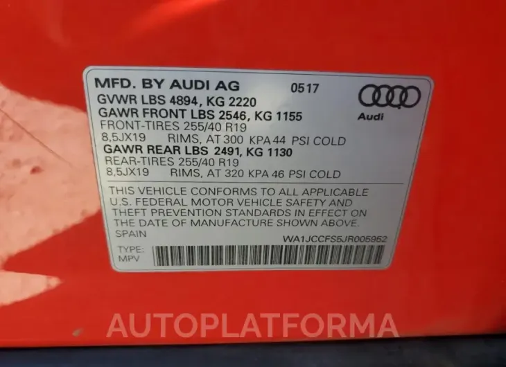 AUDI Q3 PREMIUM 2018 vin WA1JCCFS5JR005952 from auto auction Copart