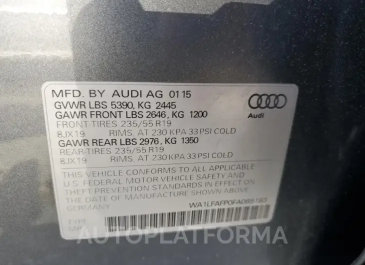 AUDI Q5 PREMIUM 2015 vin WA1LFAFP0FA089183 from auto auction Copart