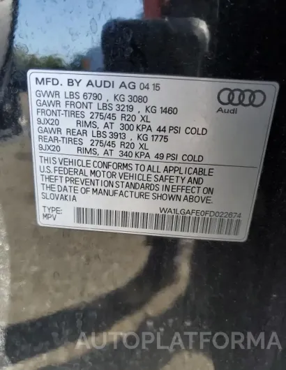 AUDI Q7 PREMIUM 2015 vin WA1LGAFE0FD022674 from auto auction Copart