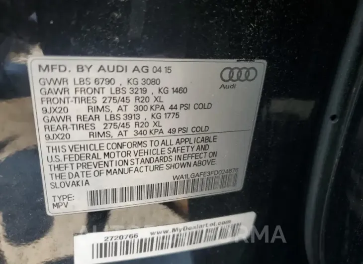 AUDI Q7 PREMIUM 2015 vin WA1LGAFE3FD024676 from auto auction Copart