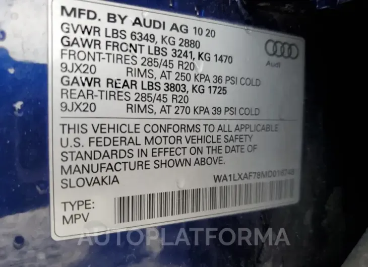 AUDI Q7 PREMIUM 2021 vin WA1LXAF78MD016748 from auto auction Copart