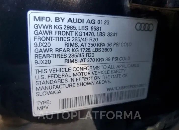 AUDI Q7 PREMIUM 2023 vin WA1LXBF77PD010921 from auto auction Copart