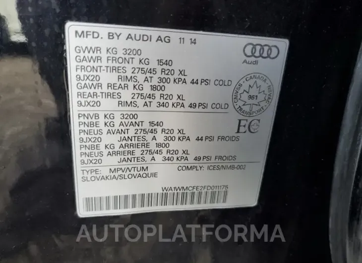 AUDI Q7 TDI PRE 2015 vin WA1WMCFE2FD011175 from auto auction Copart