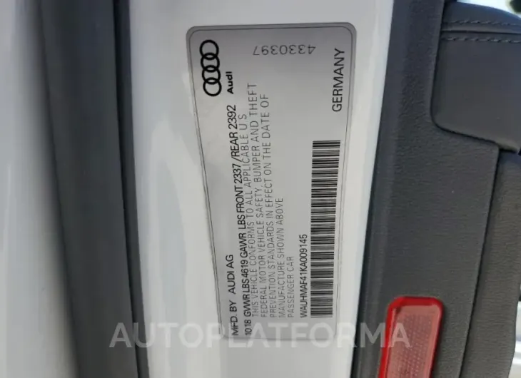 AUDI A4 PREMIUM 2019 vin WAUHMAF41KA009145 from auto auction Copart