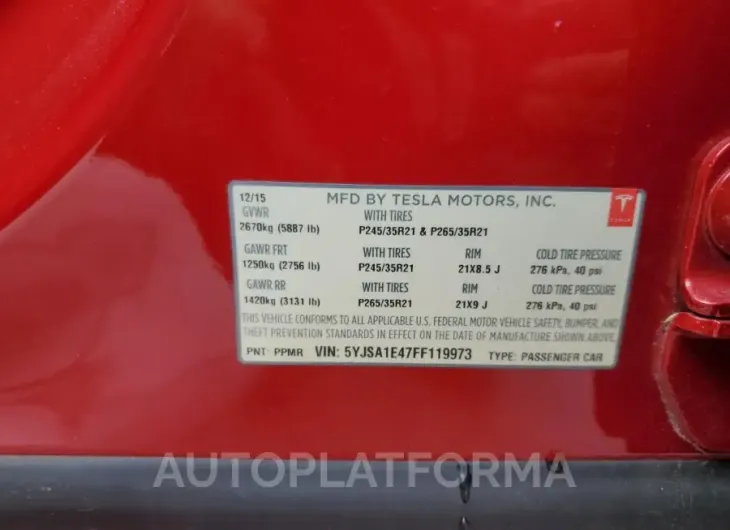 TESLA MODEL S 2015 vin 5YJSA1E47FF119973 from auto auction Copart