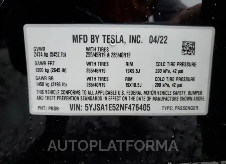 TESLA MODEL S 2022 vin 5YJSA1E52NF476405 from auto auction Copart