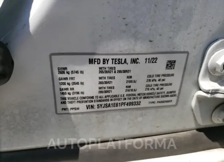 TESLA MODEL S 2023 vin 5YJSA1E61PF499332 from auto auction Copart