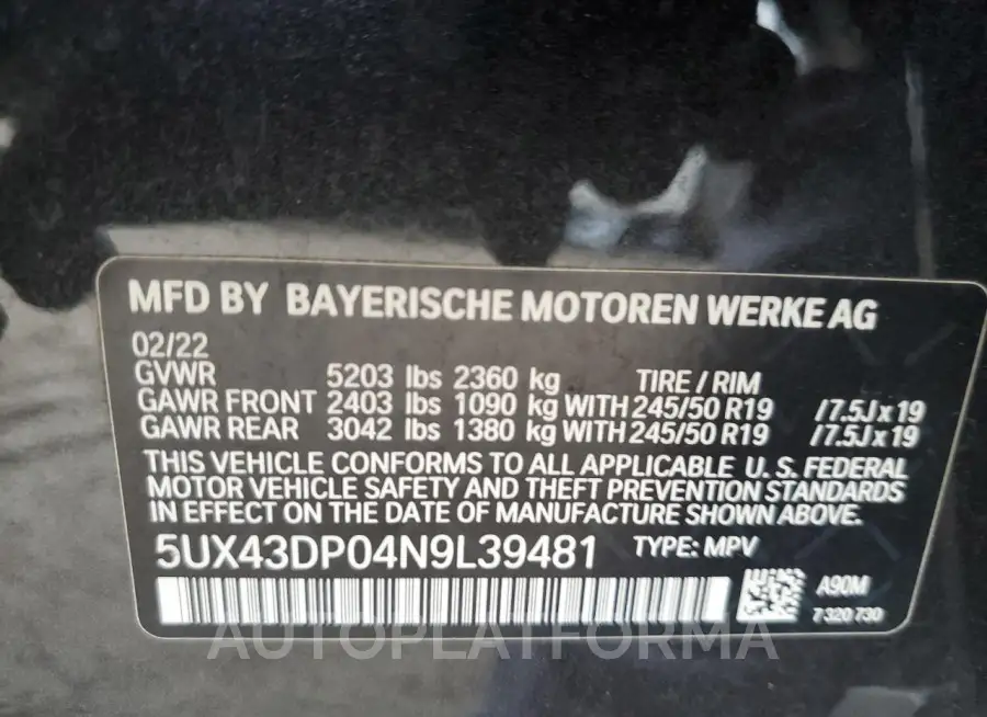 BMW X3 SDRIVE3 2022 vin 5UX43DP04N9L39481 from auto auction Copart